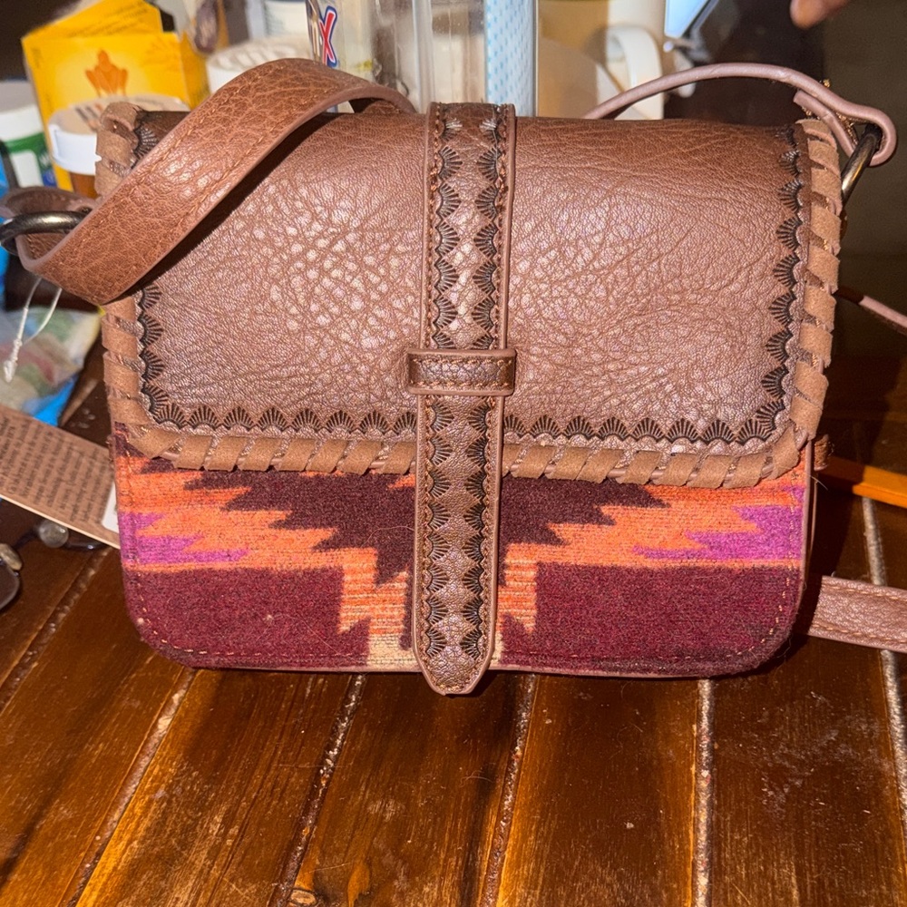 Brown Justin Leather and Patterned Fabric bag